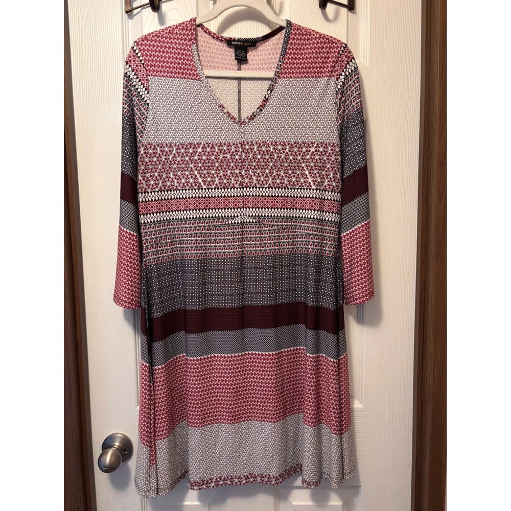 Robert Louis Womens Geometric Print V-Neck Dress Burgundy Grey 3/4 Sleeve L